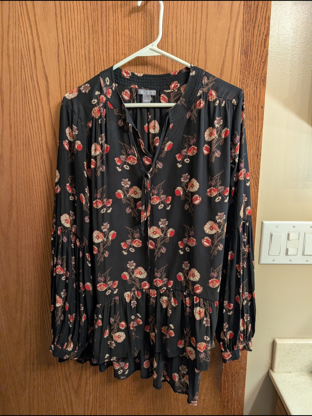 Floral Peplum Peasant Sleeve Blouse - Black with Red & Cream Flowers
